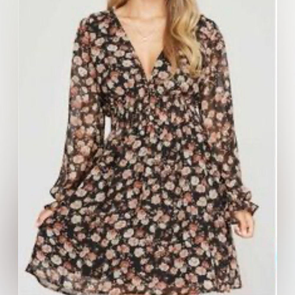 She + Sky Black Floral V-Neck Long Sleeve Tiered Dress